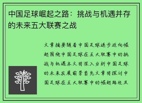 中国足球崛起之路：挑战与机遇并存的未来五大联赛之战