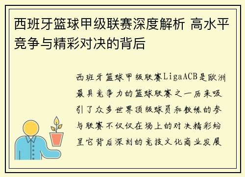 西班牙篮球甲级联赛深度解析 高水平竞争与精彩对决的背后
