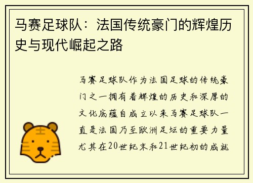 马赛足球队：法国传统豪门的辉煌历史与现代崛起之路