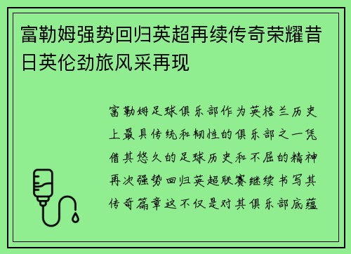 富勒姆强势回归英超再续传奇荣耀昔日英伦劲旅风采再现
