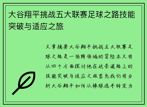 大谷翔平挑战五大联赛足球之路技能突破与适应之旅